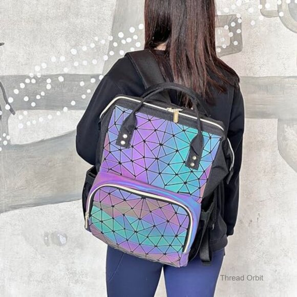 Large Geometric Holographic Backpack with USB Port for Laptop Travel Work